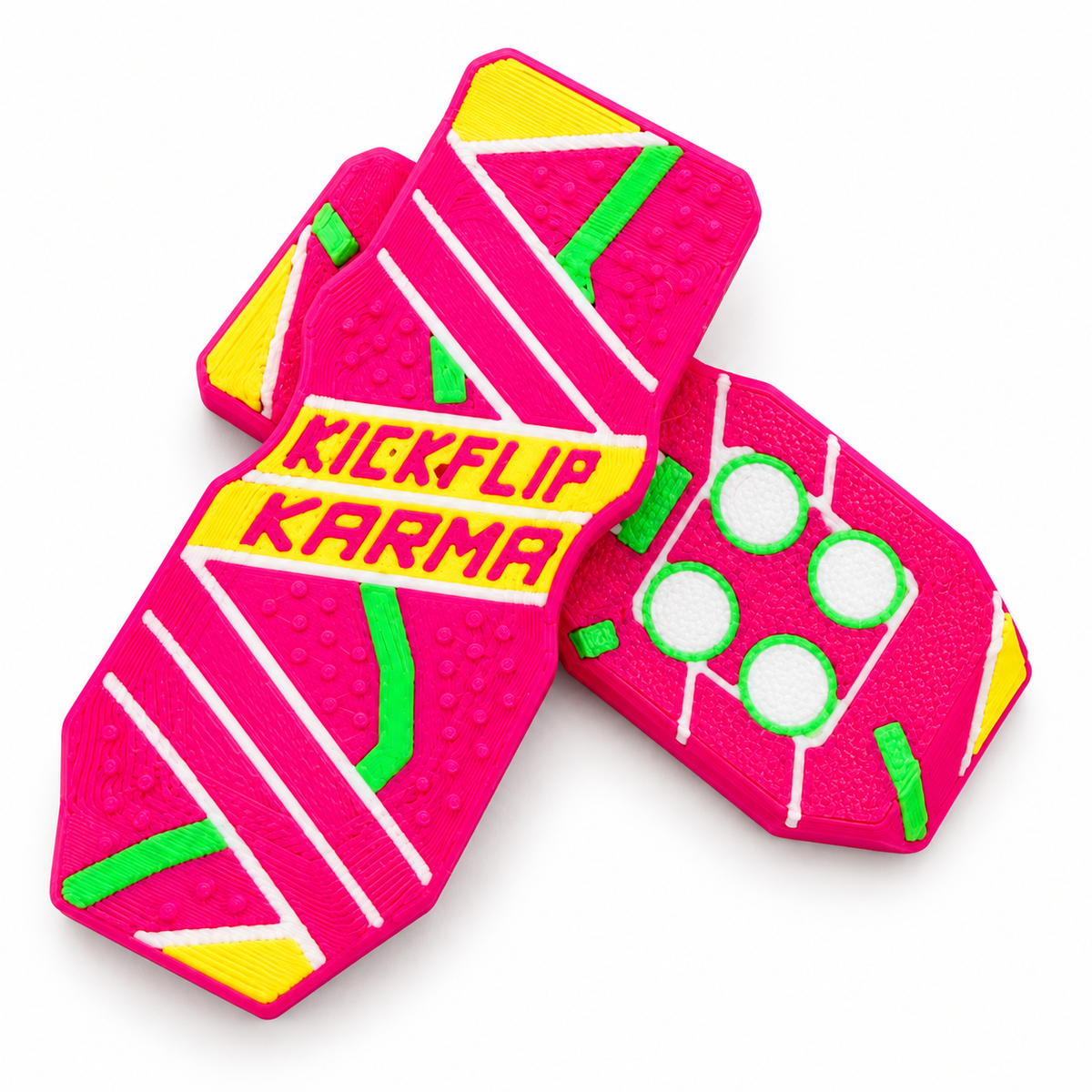 Neon pink hoverboard fidget with neon yellow, green and white details on white