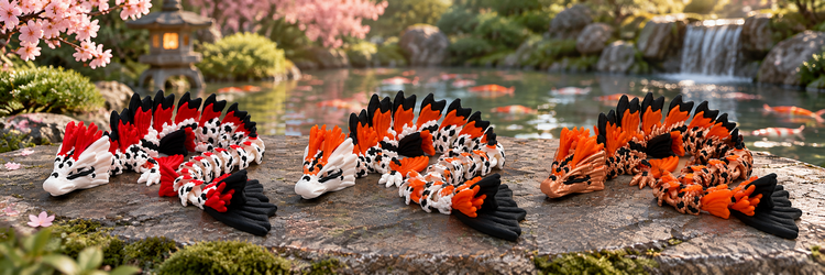 Three articulated Koi Dragons beside a tranquil koi pond
