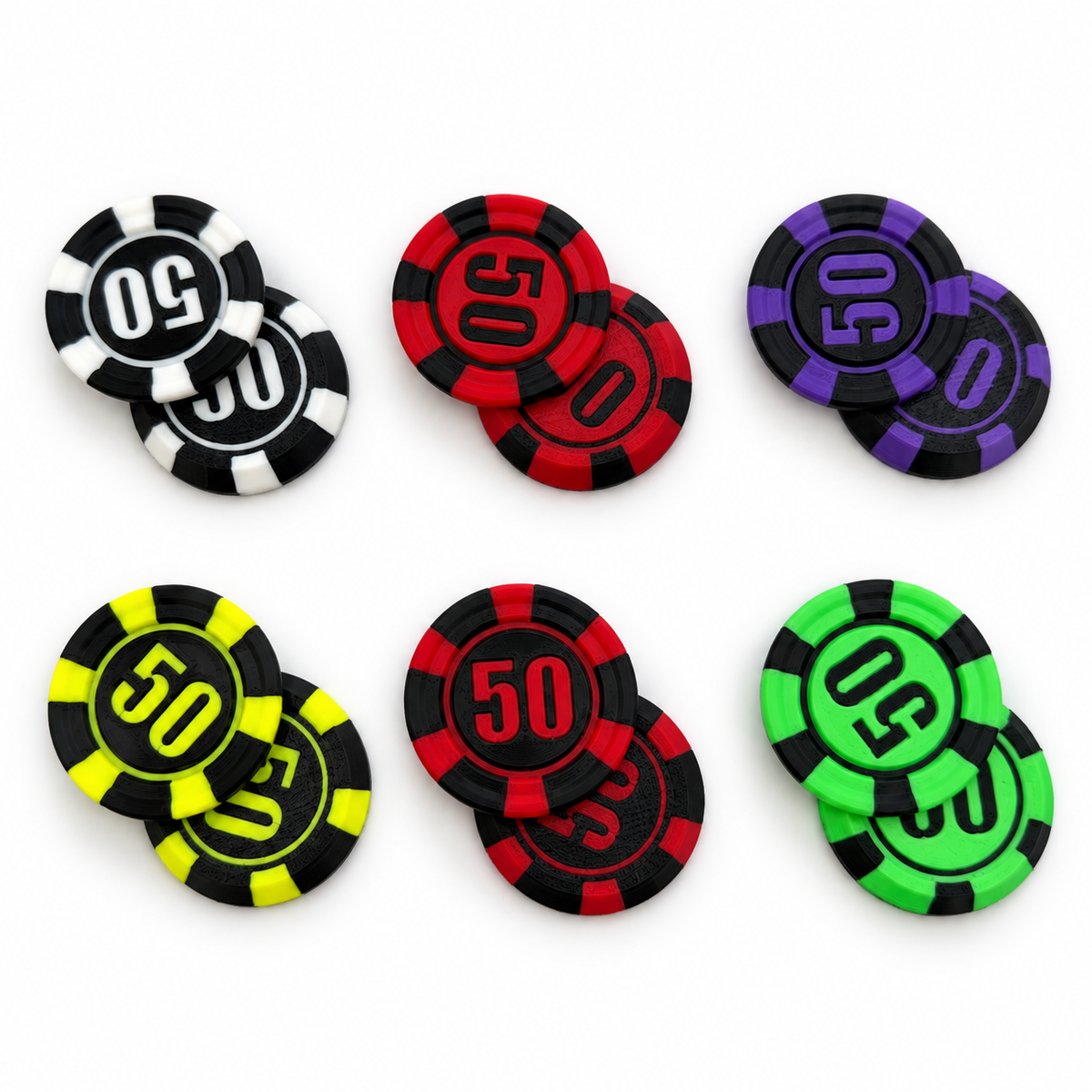 Six colors of 50 poker chip magnetic fidgets on white