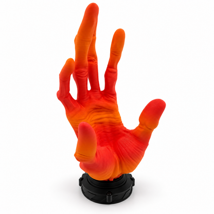 Orange red alien hand controller stand with black base