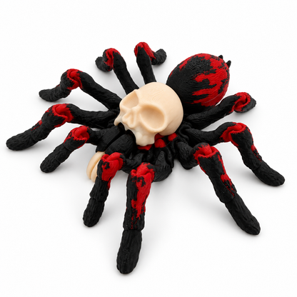 Red and black small articulating skull spider on white