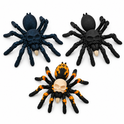 Galaxy Blue, Black and Orange and Black articulating spiders on white