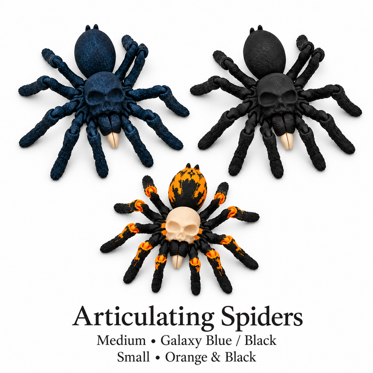 Articulating Spiders: Medium Galaxy Blue and Black; Small Orange and Black