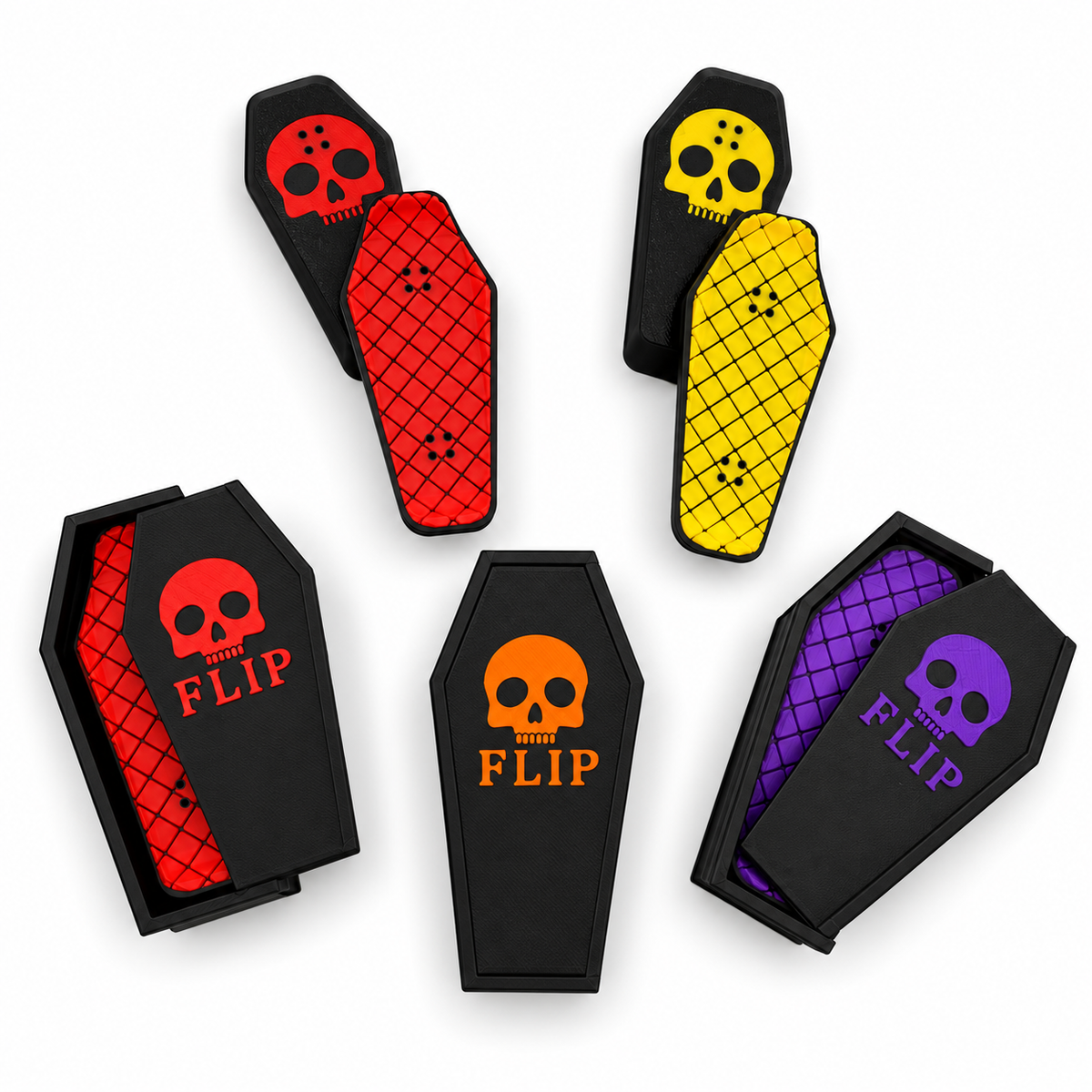 Coffin Kickflips magnetic fidgets and coffin cases in four colors