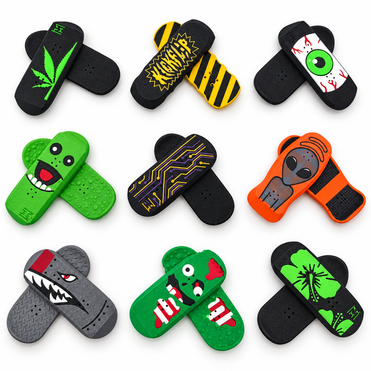 Nine KickFlips magnetic fidget designs on white