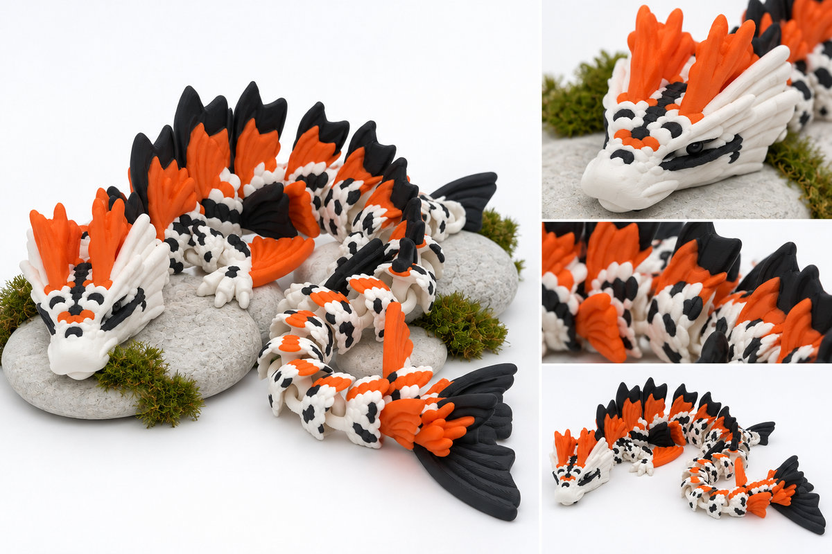 White, Orange & Black Koi Dragon product and detail collage