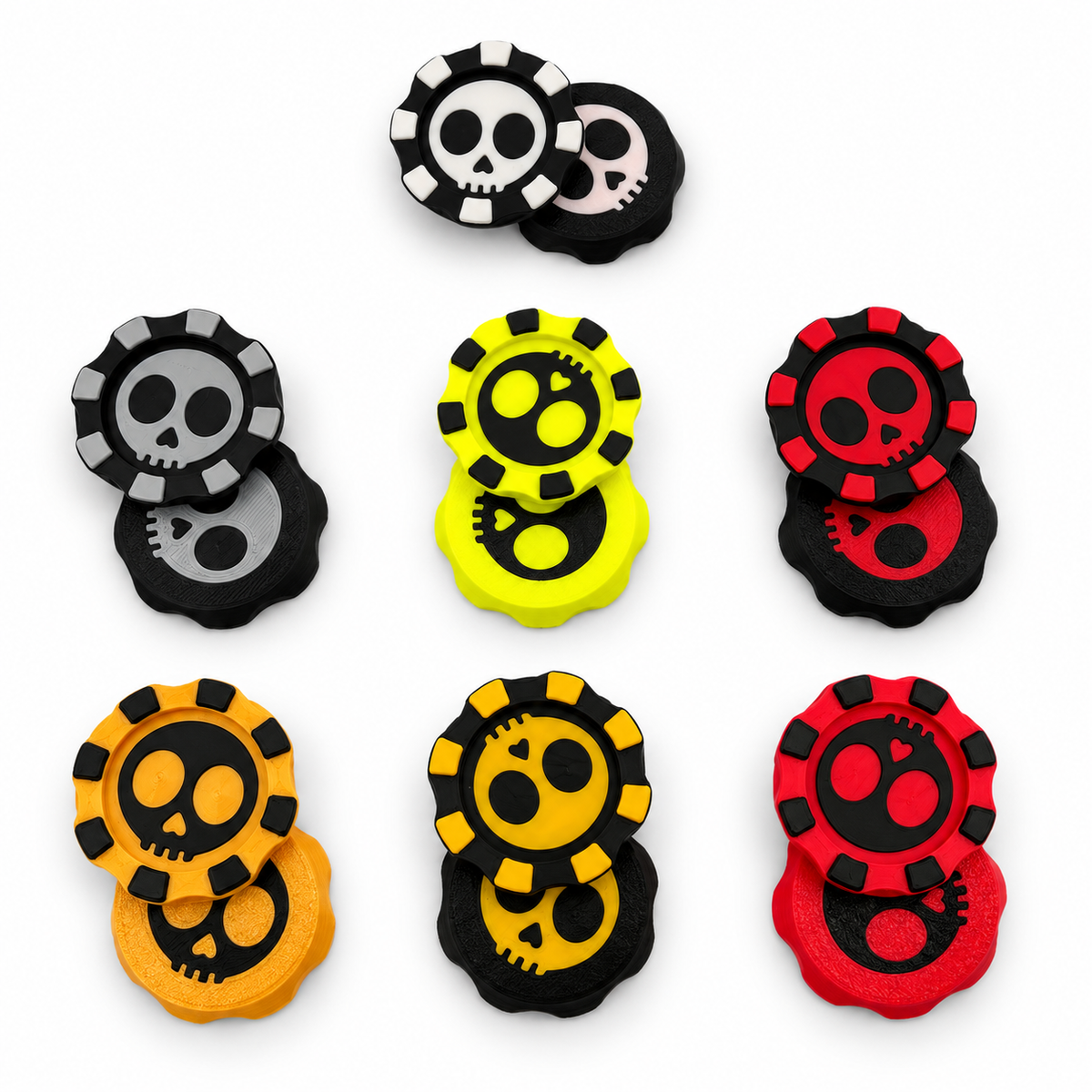 Seven color variants of skull poker chip magnetic fidgets
